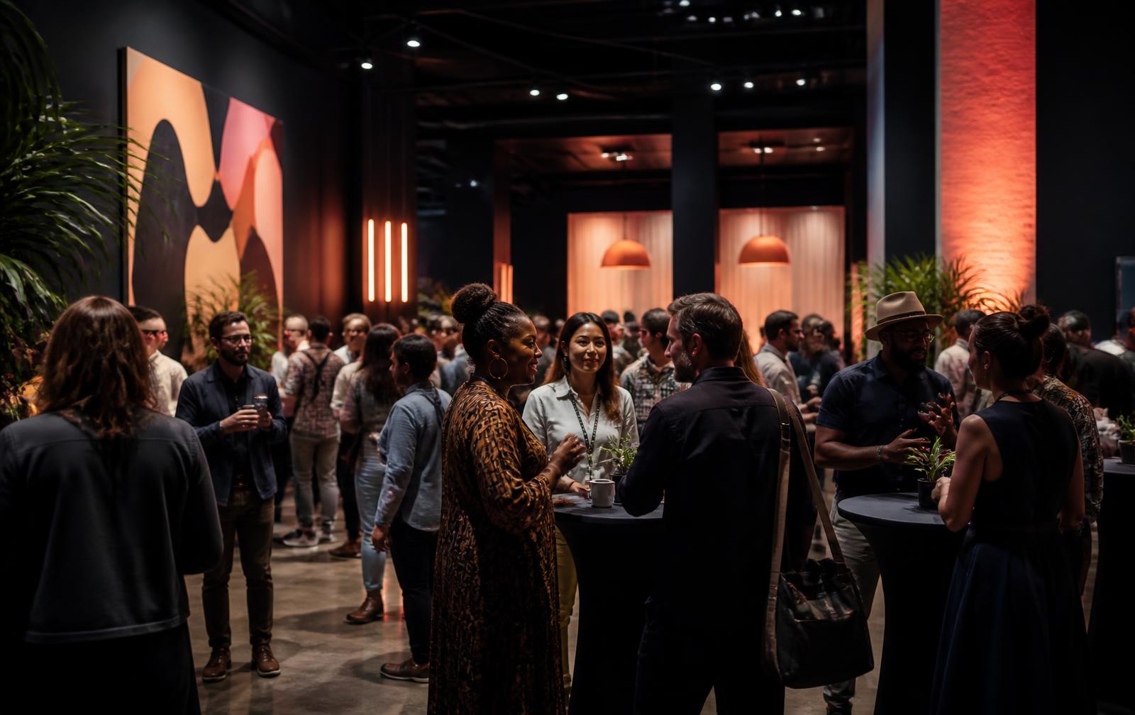 Attendees in conversation at a loft conference venue